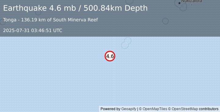 Earthquake south of the Fiji Islands (4.6 mb) (2025-07-31 03:46:51 UTC)