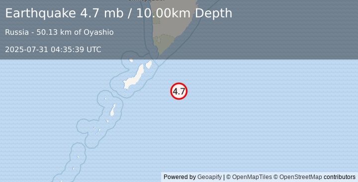 Earthquake 135 km SE of Severo-Kuril’sk, Russia (4.7 mb) (2025-07-31 04:35:39 UTC)
