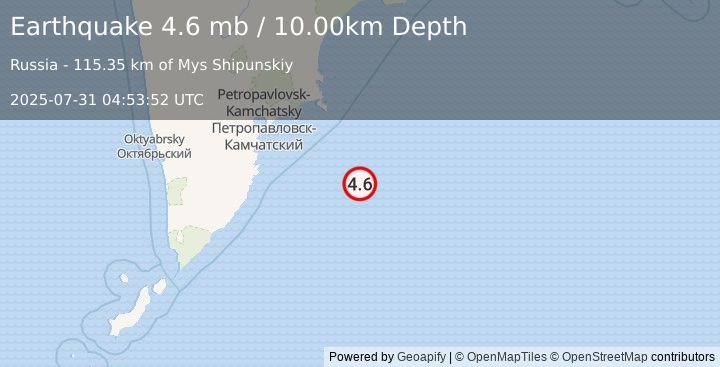 Earthquake 176 km SE of Petropavlovsk-Kamchatsky, Russia (4.6 mb) (2025-07-31 04:53:52 UTC)