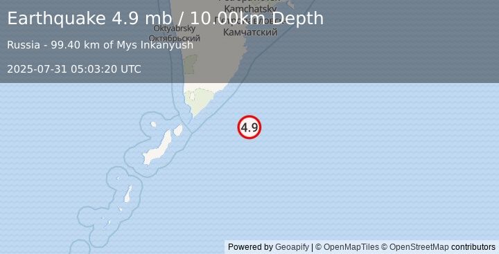 Earthquake 166 km ESE of Ozernovskiy, Russia (4.9 mb) (2025-07-31 05:03:20 UTC)