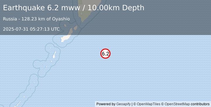 Earthquake 220 km SE of Severo-Kuril’sk, Russia (6.2 mww) (2025-07-31 05:27:13 UTC)