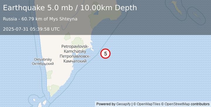 Earthquake 155 km E of Petropavlovsk-Kamchatsky, Russia (5.0 mb) (2025-07-31 05:39:58 UTC)