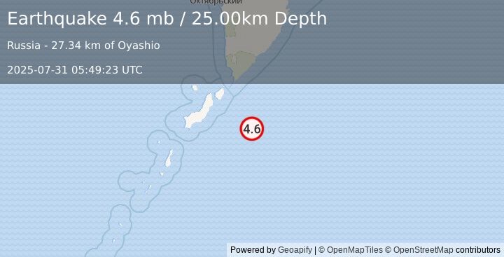 Earthquake 112 km SE of Severo-Kuril’sk, Russia (4.6 mb) (2025-07-31 05:49:23 UTC)