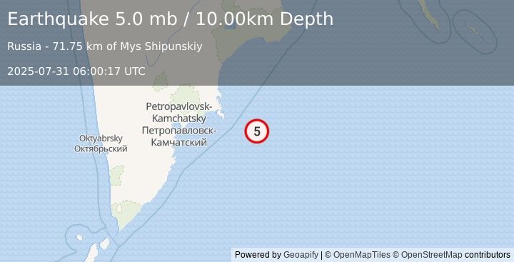 Earthquake 163 km E of Petropavlovsk-Kamchatsky, Russia (5.0 mb) (2025-07-31 06:00:17 UTC)