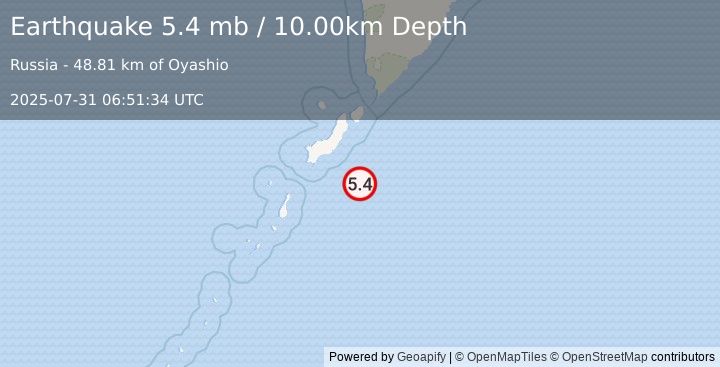 Earthquake 103 km SSE of Severo-Kuril’sk, Russia (5.4 mb) (2025-07-31 06:51:34 UTC)