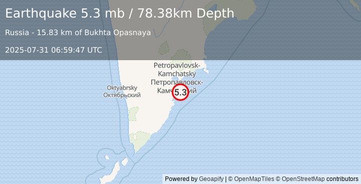 Earthquake 42 km SE of Vilyuchinsk, Russia (5.3 mb) (2025-07-31 06:59:47 UTC)