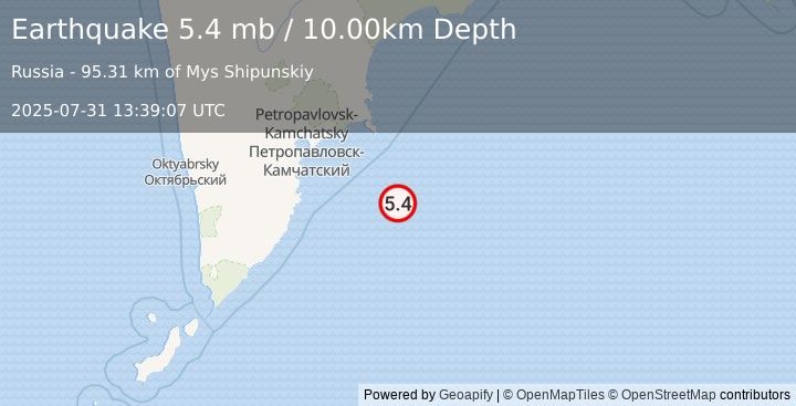 Earthquake 151 km SE of Petropavlovsk-Kamchatsky, Russia (5.4 mb) (2025-07-31 13:39:07 UTC)