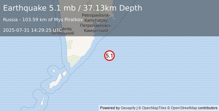 Earthquake 173 km SSE of Vilyuchinsk, Russia (5.1 mb) (2025-07-31 14:29:25 UTC)