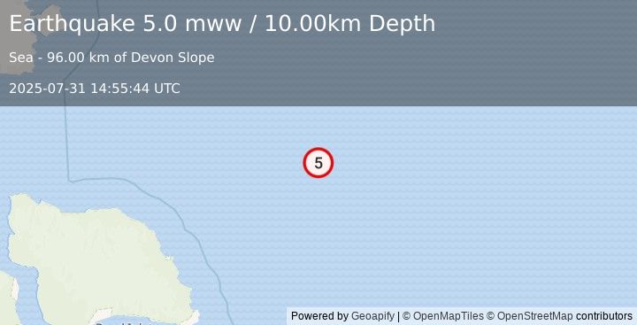 Earthquake 210 km NE of Pond Inlet, Canada (5.0 mww) (2025-07-31 14:55:44 UTC)