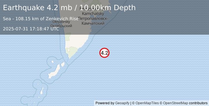 Earthquake 198 km SSE of Vilyuchinsk, Russia (4.2 mb) (2025-07-31 17:18:47 UTC)