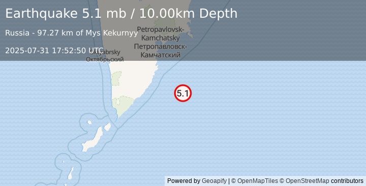 Earthquake 163 km SSE of Vilyuchinsk, Russia (5.1 mb) (2025-07-31 17:52:50 UTC)