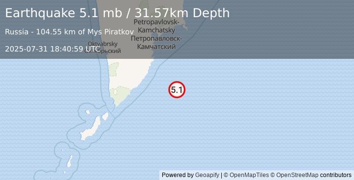 Earthquake 179 km SSE of Vilyuchinsk, Russia (5.1 mb) (2025-07-31 18:40:59 UTC)