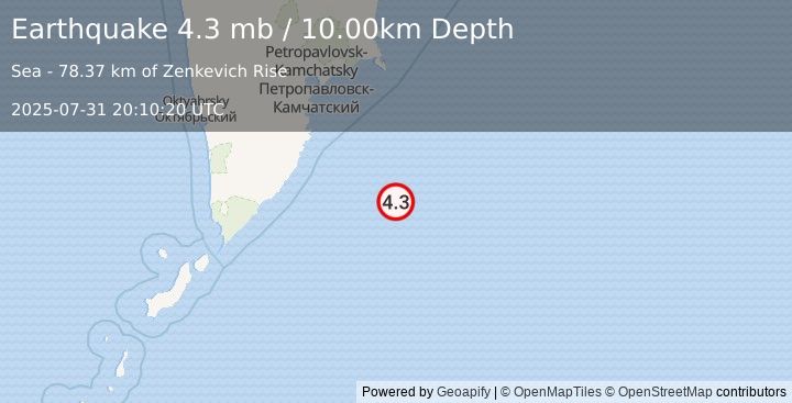 Earthquake 201 km SE of Vilyuchinsk, Russia (4.3 mb) (2025-07-31 20:10:20 UTC)