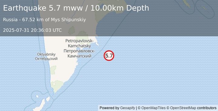 Earthquake 151 km ESE of Petropavlovsk-Kamchatsky, Russia (5.7 mww) (2025-07-31 20:36:03 UTC)