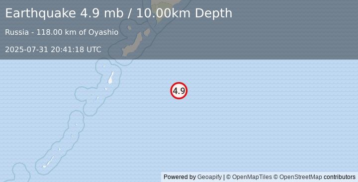 Earthquake 214 km SSE of Severo-Kuril’sk, Russia (4.9 mb) (2025-07-31 20:41:18 UTC)