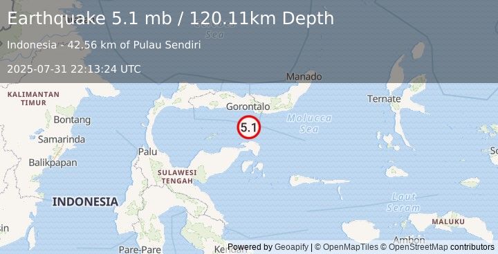 Earthquake 72 km S of Gorontalo, Indonesia (5.1 mb) (2025-07-31 22:13:24 UTC)