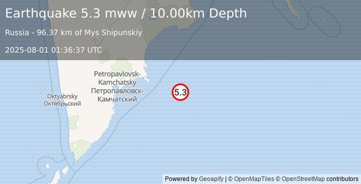 Earthquake 189 km E of Petropavlovsk-Kamchatsky, Russia (5.3 mww) (2025-08-01 01:36:37 UTC)