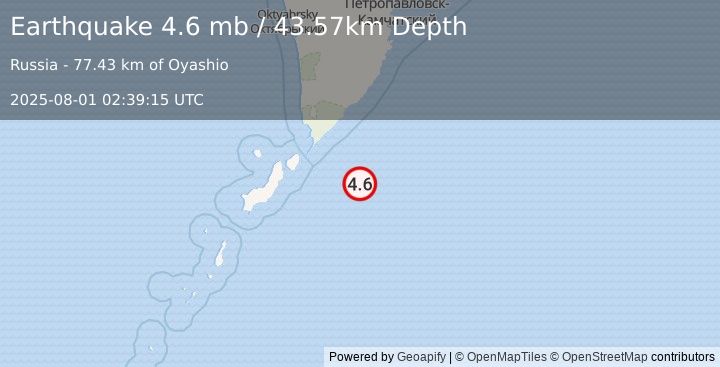 Earthquake 123 km ESE of Severo-Kuril’sk, Russia (4.6 mb) (2025-08-01 02:39:15 UTC)