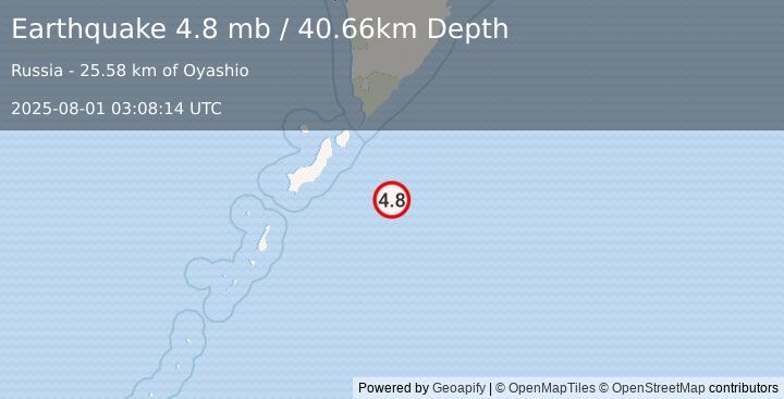 Earthquake 118 km SE of Severo-Kuril’sk, Russia (4.8 mb) (2025-08-01 03:08:14 UTC)