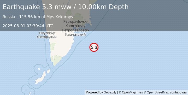 Earthquake 159 km SE of Petropavlovsk-Kamchatsky, Russia (5.3 mww) (2025-08-01 03:39:44 UTC)