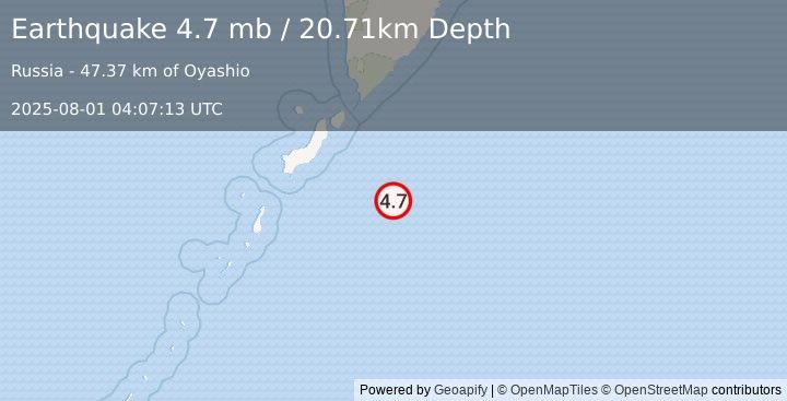 Earthquake 144 km SE of Severo-Kuril’sk, Russia (4.7 mb) (2025-08-01 04:07:13 UTC)