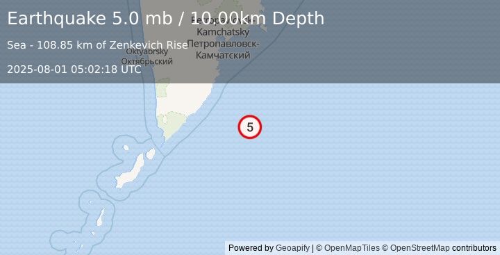Earthquake 199 km SSE of Vilyuchinsk, Russia (5.0 mb) (2025-08-01 05:02:18 UTC)