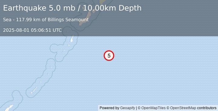 Earthquake 245 km SSE of Severo-Kuril’sk, Russia (5.0 mb) (2025-08-01 05:06:51 UTC)