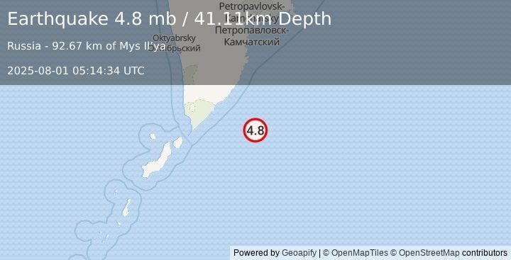 Earthquake 167 km ESE of Ozernovskiy, Russia (4.8 mb) (2025-08-01 05:14:34 UTC)