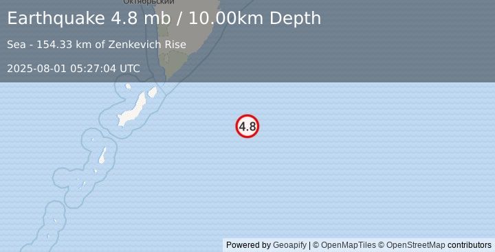 Earthquake 242 km ESE of Severo-Kuril’sk, Russia (4.8 mb) (2025-08-01 05:27:04 UTC)
