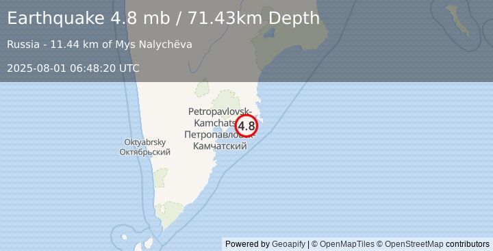 Earthquake 58 km E of Petropavlovsk-Kamchatsky, Russia (4.8 mb) (2025-08-01 06:48:20 UTC)
