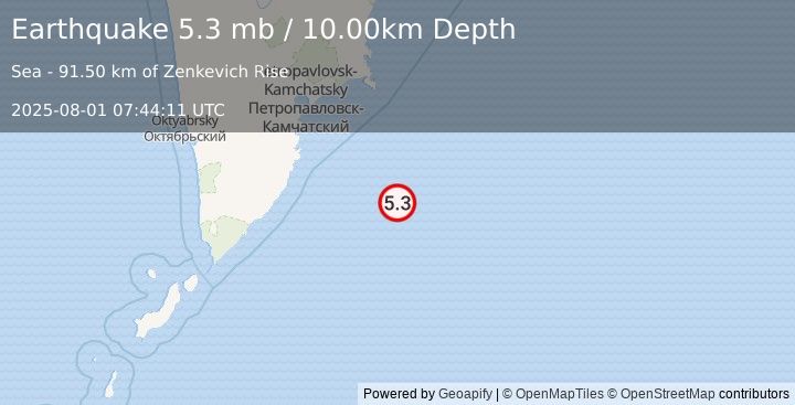 Earthquake 192 km SE of Petropavlovsk-Kamchatsky, Russia (5.3 mb) (2025-08-01 07:44:11 UTC)