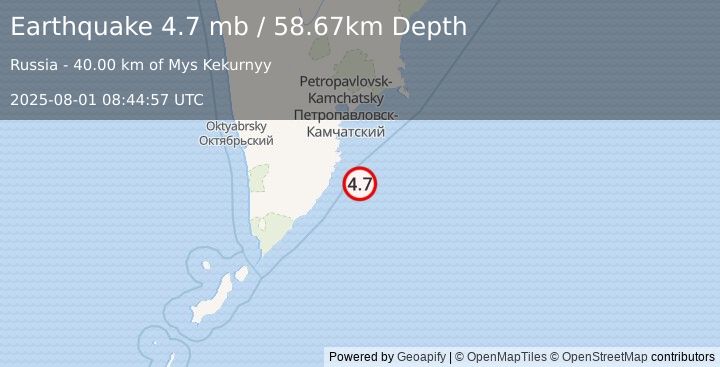 Earthquake 111 km SSE of Vilyuchinsk, Russia (4.7 mb) (2025-08-01 08:44:57 UTC)