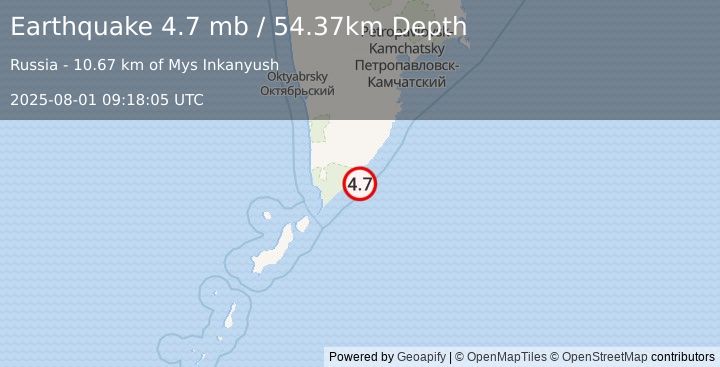 Earthquake 80 km ESE of Ozernovskiy, Russia (4.7 mb) (2025-08-01 09:18:05 UTC)