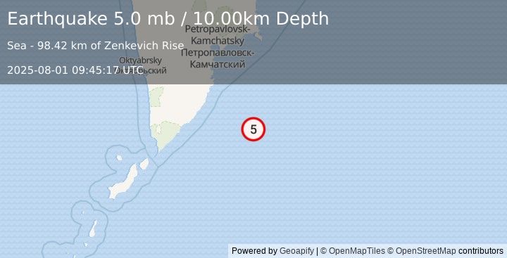 Earthquake 190 km SSE of Vilyuchinsk, Russia (5.0 mb) (2025-08-01 09:45:17 UTC)
