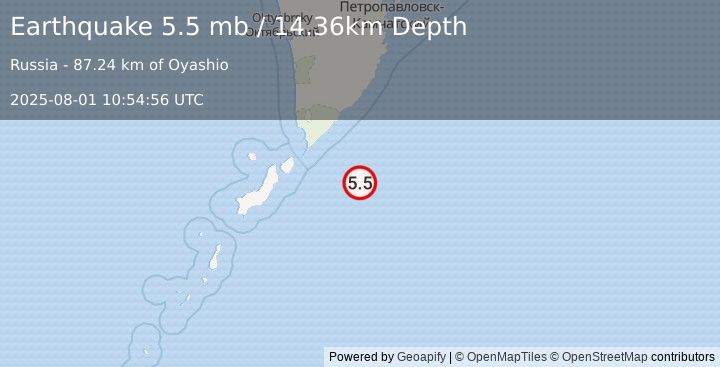 Earthquake 130 km E of Severo-Kuril’sk, Russia (5.5 mb) (2025-08-01 10:54:56 UTC)