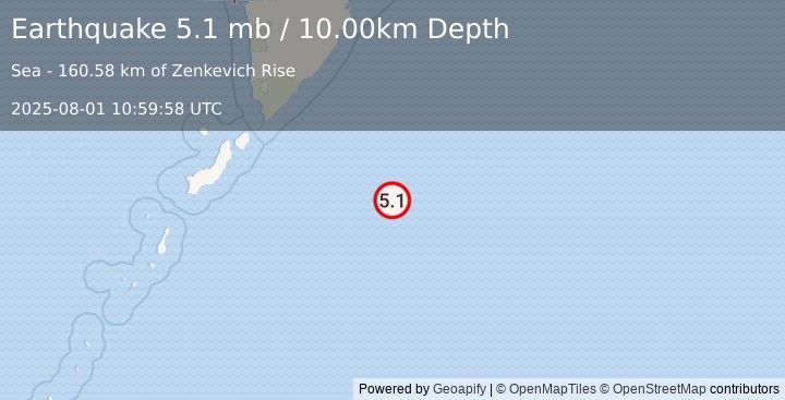 Earthquake 244 km ESE of Severo-Kuril’sk, Russia (5.1 mb) (2025-08-01 10:59:58 UTC)