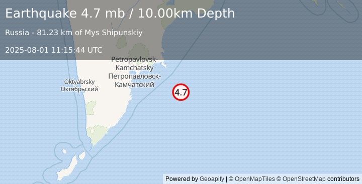 Earthquake 153 km ESE of Petropavlovsk-Kamchatsky, Russia (4.7 mb) (2025-08-01 11:15:44 UTC)