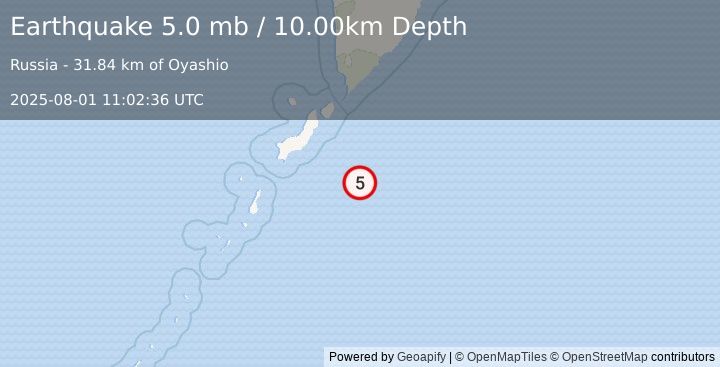 Earthquake 125 km SSE of Severo-Kuril’sk, Russia (5.0 mb) (2025-08-01 11:02:36 UTC)