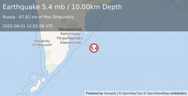 Earthquake 154 km ESE of Petropavlovsk-Kamchatsky, Russia (5.4 mb) (2025-08-01 12:02:08 UTC)