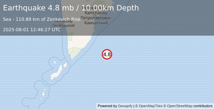 Earthquake 202 km SSE of Vilyuchinsk, Russia (4.8 mb) (2025-08-01 12:46:27 UTC)