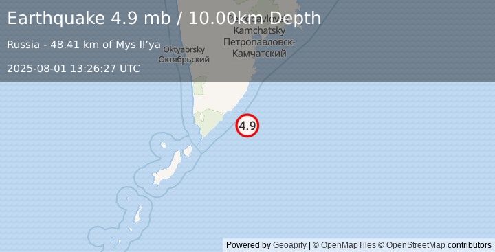 Earthquake 126 km ESE of Ozernovskiy, Russia (4.9 mb) (2025-08-01 13:26:27 UTC)