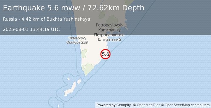 Earthquake 100 km S of Vilyuchinsk, Russia (5.6 mww) (2025-08-01 13:44:19 UTC)