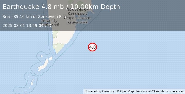 Earthquake 202 km SSE of Vilyuchinsk, Russia (4.8 mb) (2025-08-01 13:59:04 UTC)