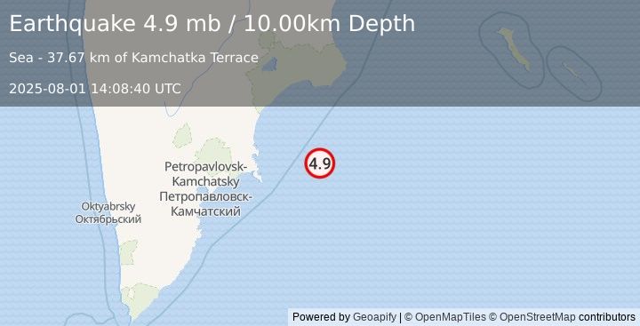 Earthquake 193 km E of Petropavlovsk-Kamchatsky, Russia (4.9 mb) (2025-08-01 14:08:40 UTC)