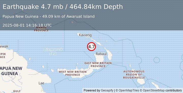 Earthquake 114 km NW of Rabaul, Papua New Guinea (4.7 mb) (2025-08-01 14:16:18 UTC)