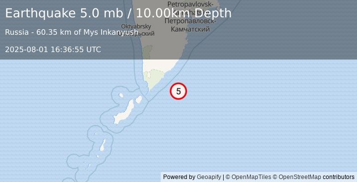 Earthquake 126 km ESE of Ozernovskiy, Russia (5.0 mb) (2025-08-01 16:36:55 UTC)