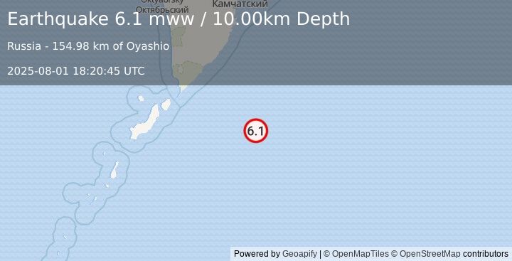 Earthquake 219 km ESE of Severo-Kuril’sk, Russia (6.1 mww) (2025-08-01 18:20:45 UTC)