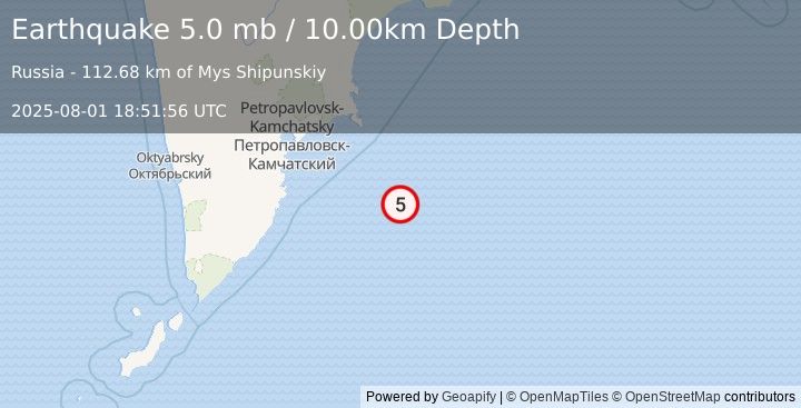 Earthquake 175 km SE of Petropavlovsk-Kamchatsky, Russia (5.0 mb) (2025-08-01 18:51:56 UTC)