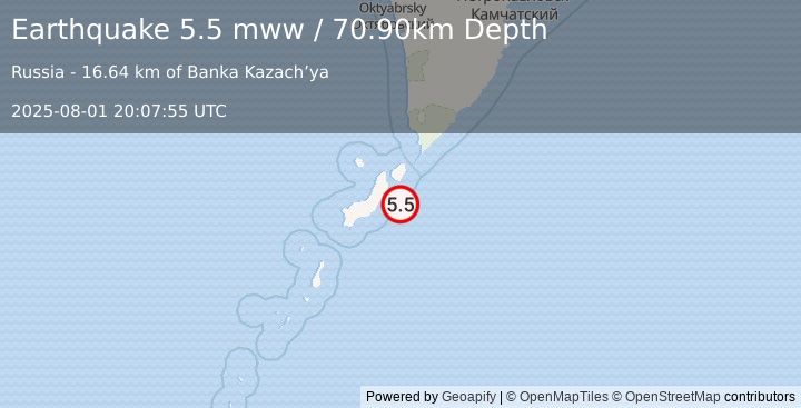 Earthquake 36 km SSE of Severo-Kuril’sk, Russia (5.6 mb) (2025-08-01 20:07:54 UTC)