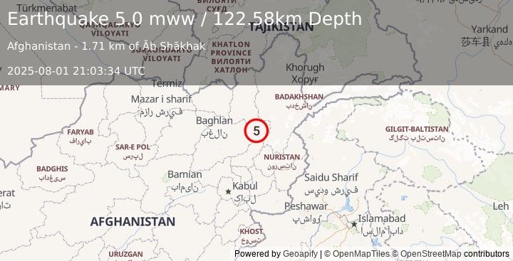 Earthquake 58 km SSE of Farkhār, Afghanistan (5.0 mww) (2025-08-01 21:03:34 UTC)